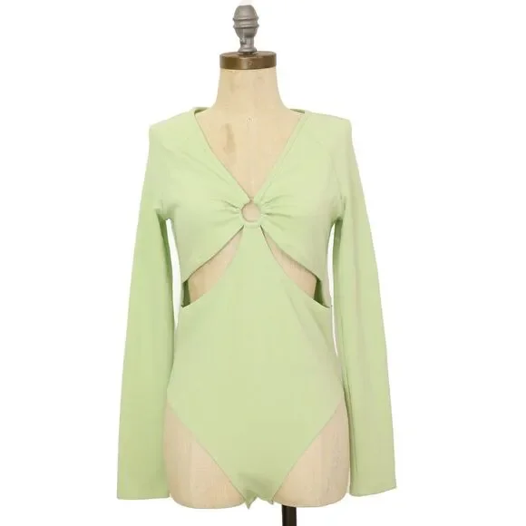 TOPSHOP O-ring Cutout Long Sleeve Bodysuit US 8-10 (UK M) Light Green NEW B21 - Picture 2 of 6